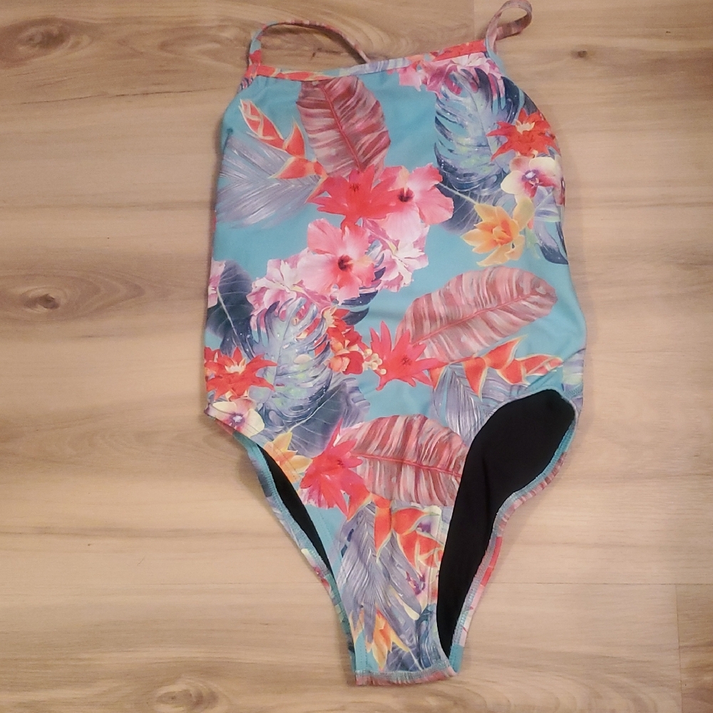Jolyn Practice Suit, "Scotty" Size 28 Teal With Colorful Hibiscus Print